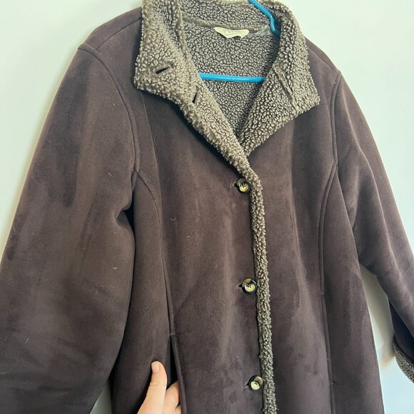 LL Bean Faux Suede Long Sherpa Lined Coat, Medium - Picture 4 of 6